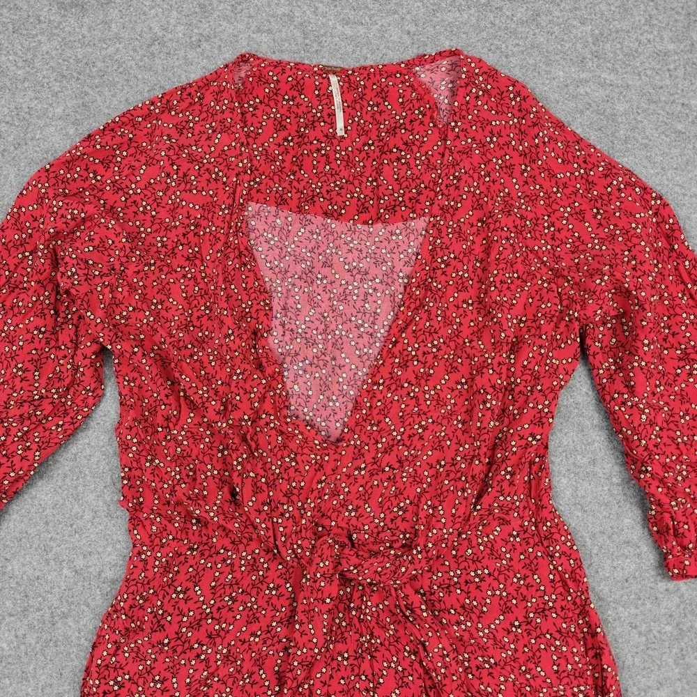 Free People Dress Womens Large Red‎ Floral Wrap Ruffle Mini V Neck Puff Sleeve